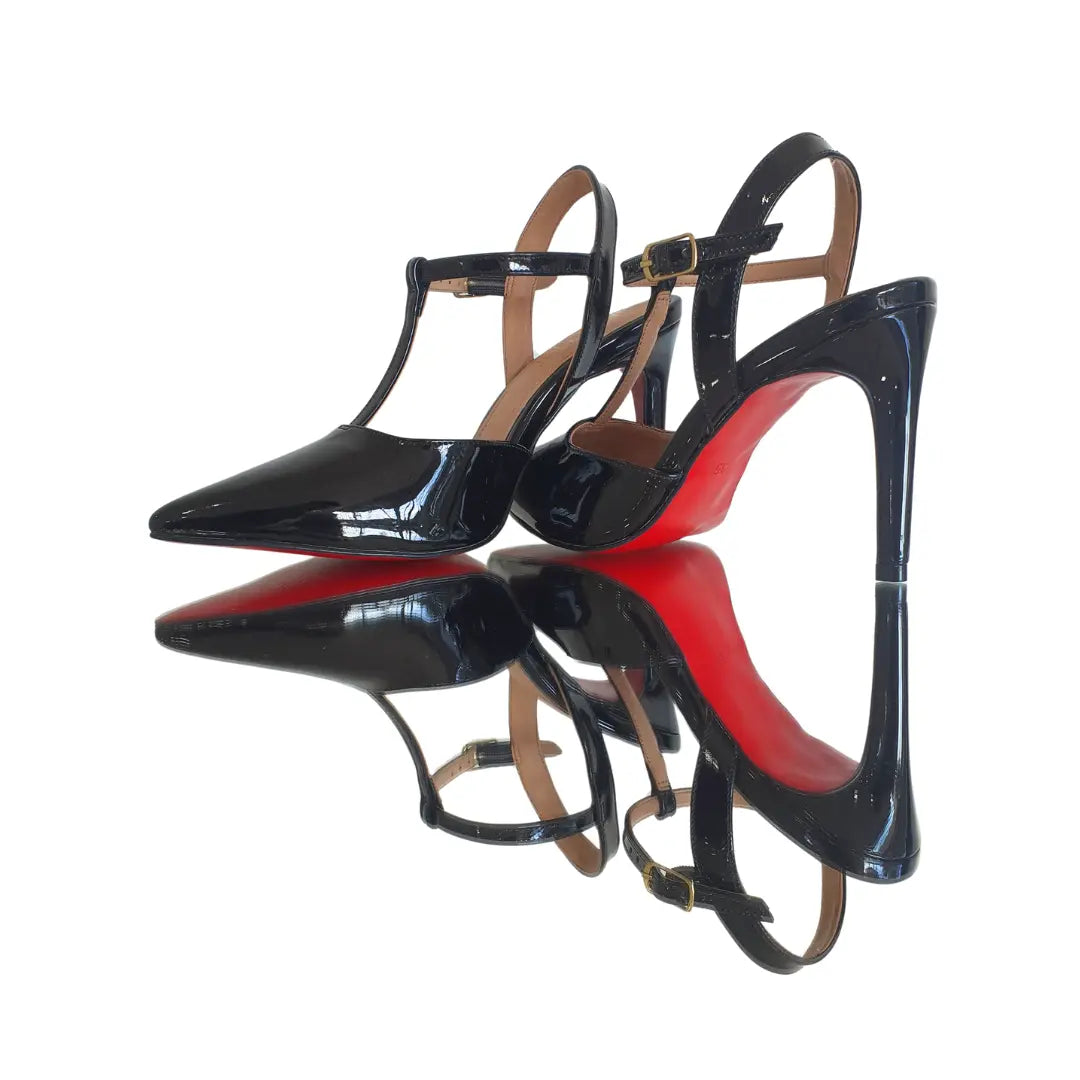Scarpin Aberto Preto Verniz Salto Alto 10cm Sola Vermelha