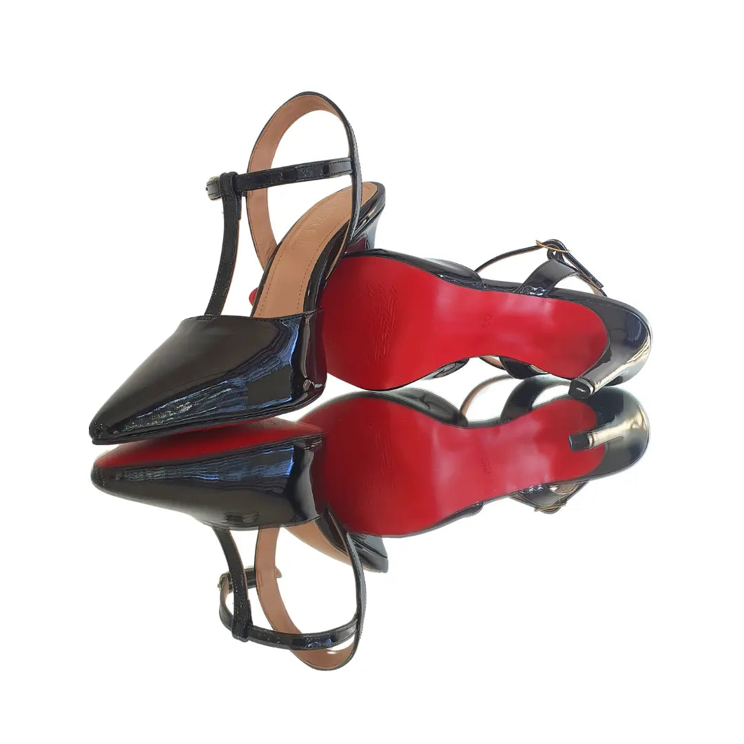 Scarpin Aberto Preto Verniz Salto Alto 10cm Sola Vermelha