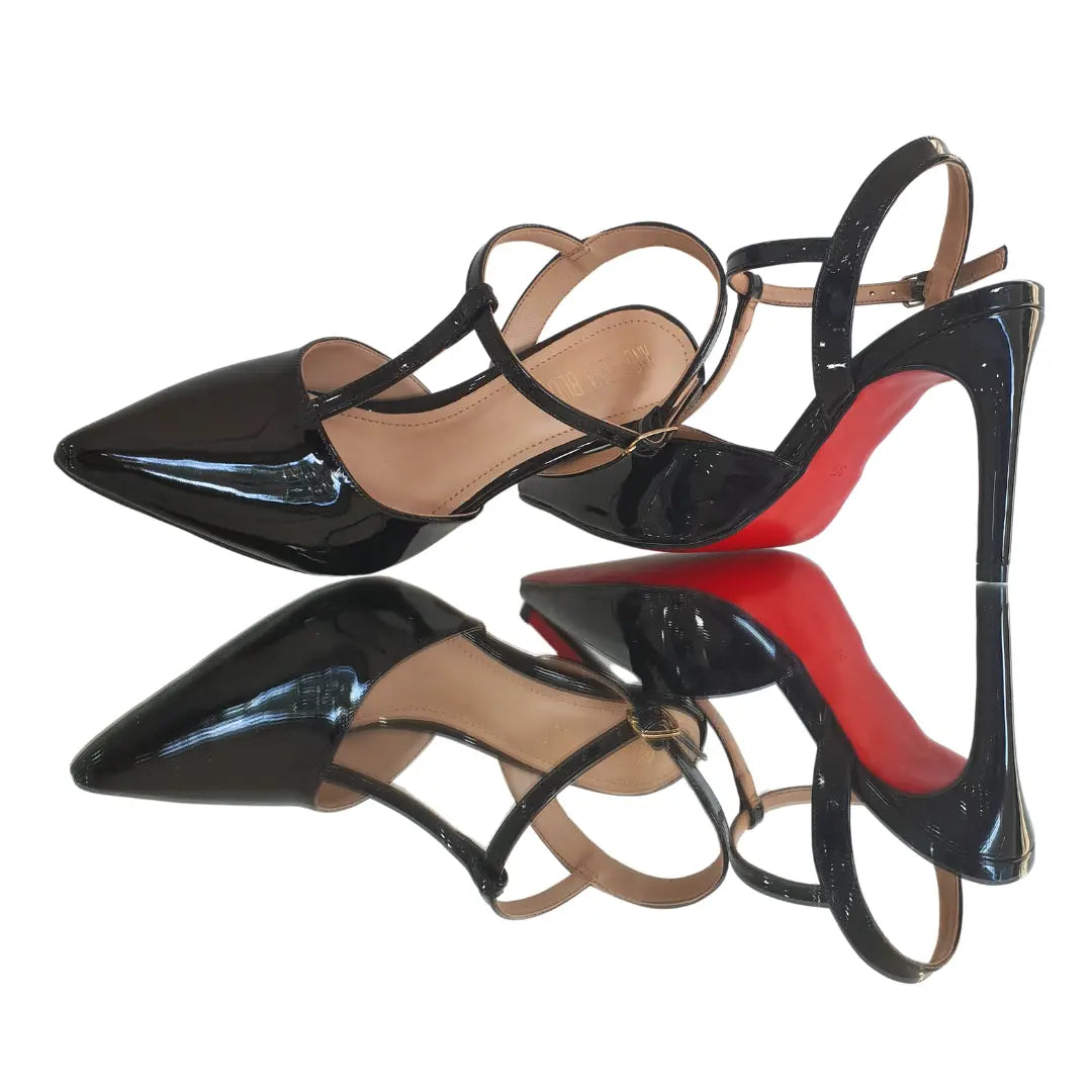 Scarpin Aberto Preto Verniz Salto Alto 10cm Sola Vermelha