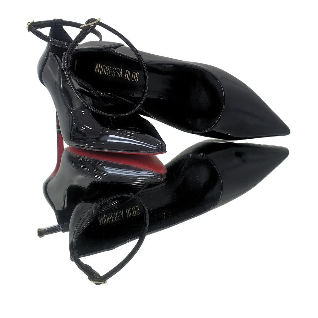 Scarpin Bicolor Preto Com Preto Verniz Salto 8cm Sola Vermelha