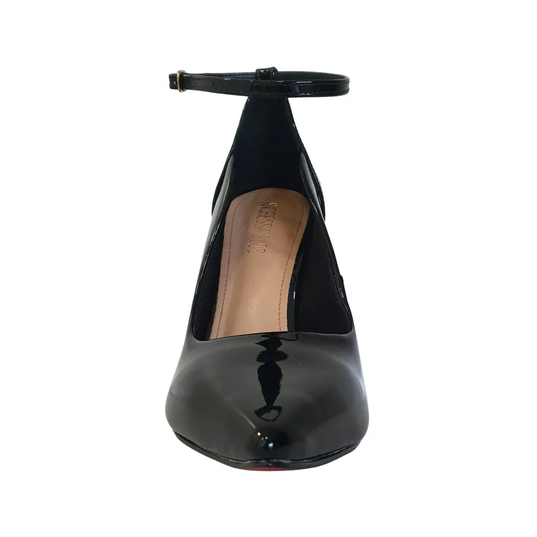 Scarpin Bicolor Preto Com Preto Verniz Salto Alto 12 cm Sola Vermelha