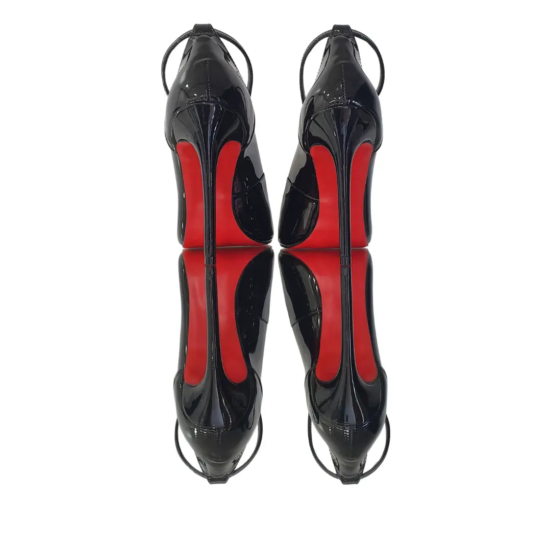 Scarpin Bicolor Preto Com Preto Verniz Salto Alto 12 cm Sola Vermelha