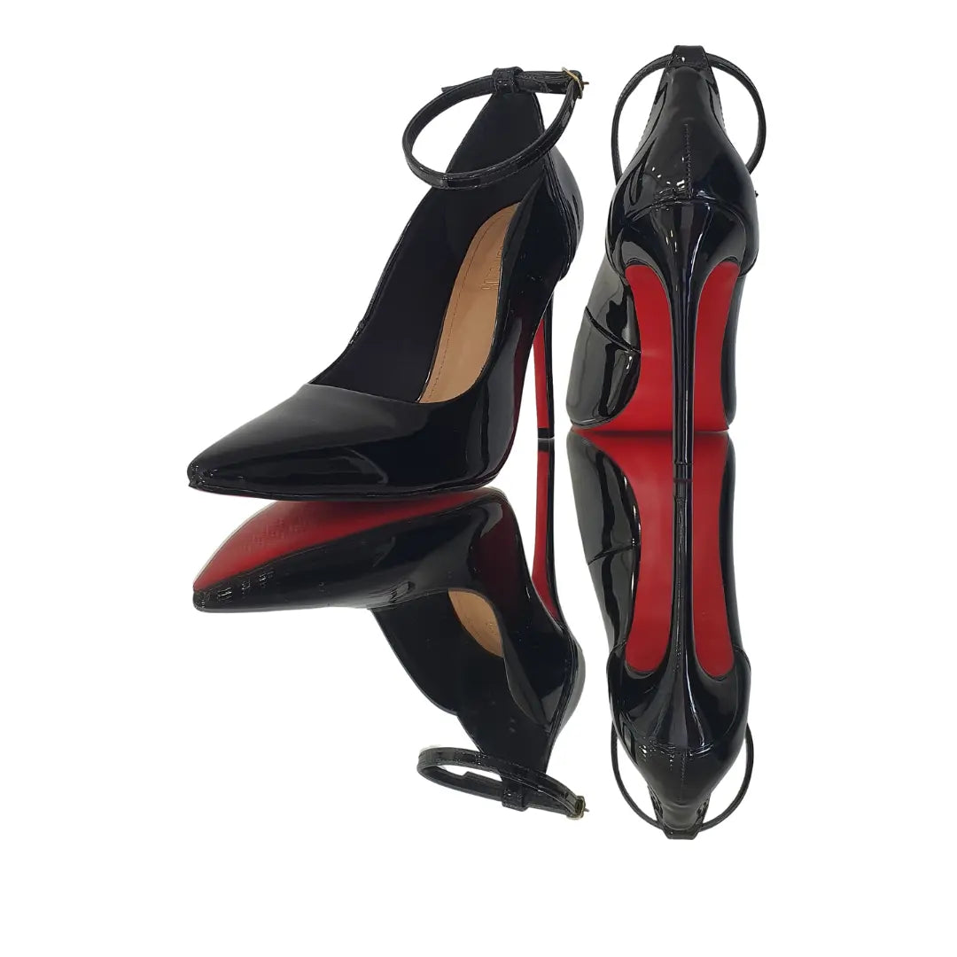 Scarpin Bicolor Preto Com Preto Verniz Salto Alto 12 cm Sola Vermelha