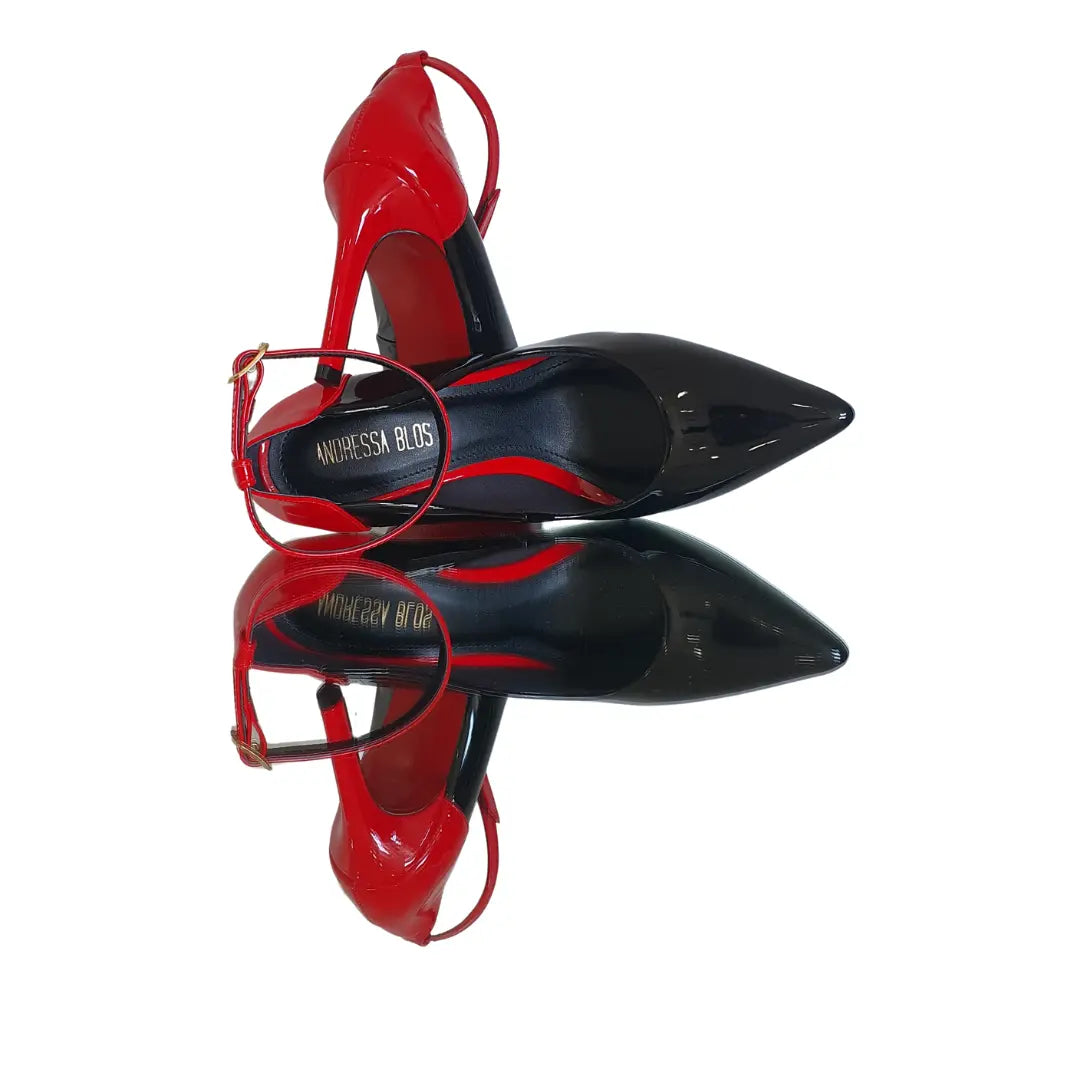 Scarpin Bicolor Preto Com Vermelho Verniz Salto Alto 10cm Sola Vermelha