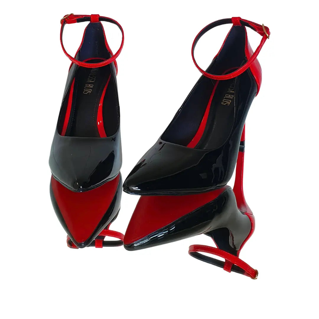 Scarpin Bicolor Preto Com Vermelho Verniz Salto Alto 10cm Sola Vermelha