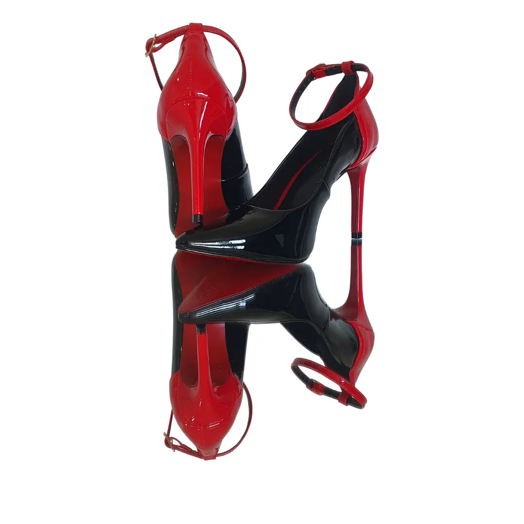 Scarpin Bicolor Preto Com Vermelho Verniz Salto Alto 10cm Sola Vermelha