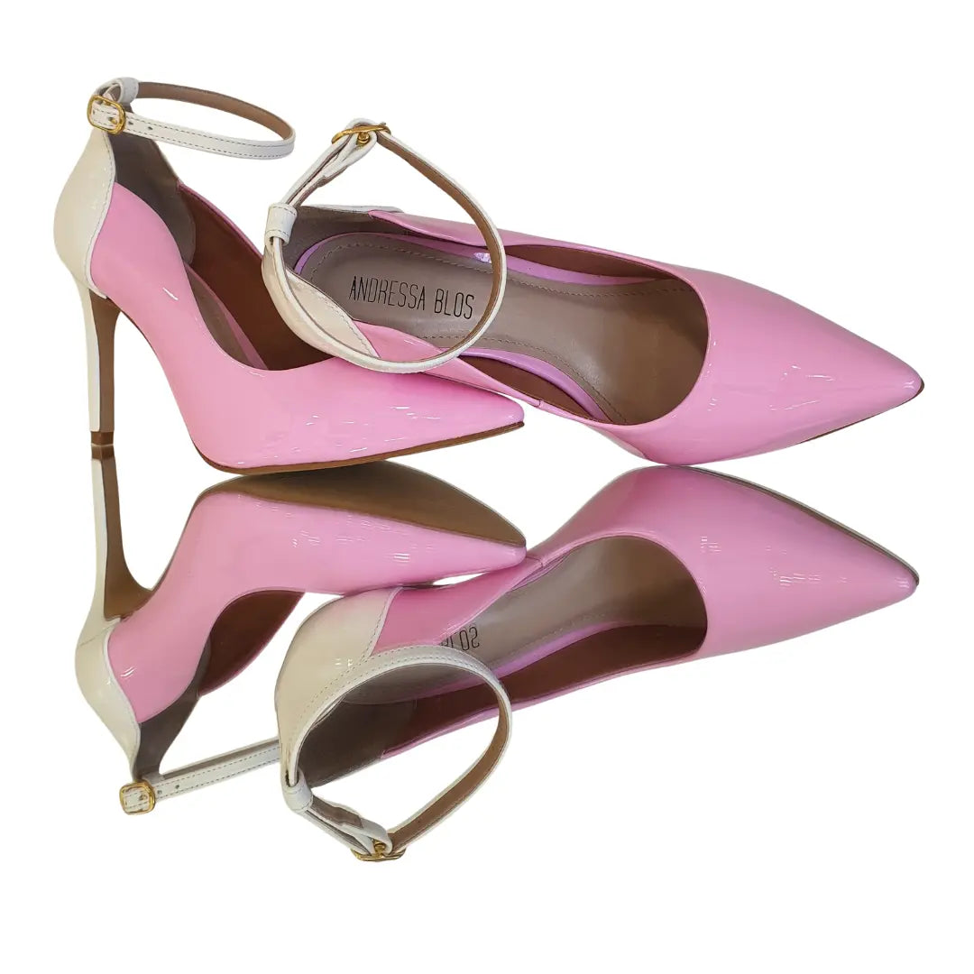 Scarpin Bicolor Rosa Com Branco Verniz Salto Alto 10cm Sola Bege