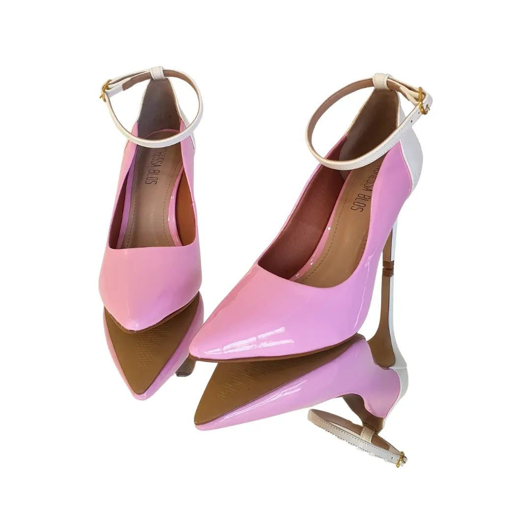 Scarpin Bicolor Rosa Com Branco Verniz Salto Alto 10cm Sola Bege