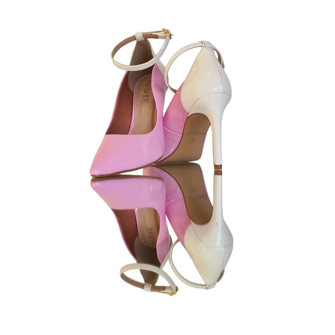 Scarpin Bicolor Rosa Com Branco Verniz Salto Alto 10cm Sola Bege