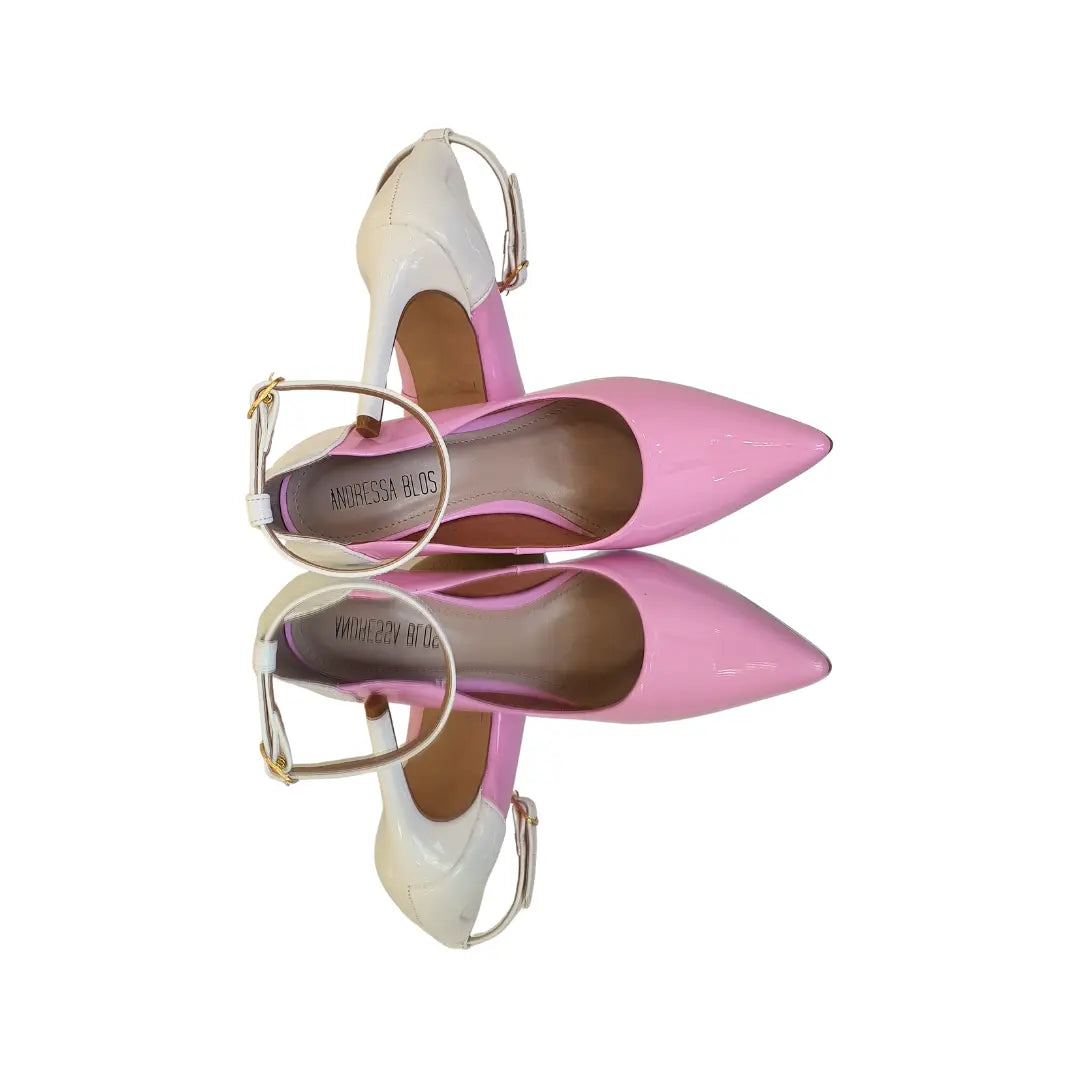 Scarpin Bicolor Rosa Com Branco Verniz Salto Alto 10cm Sola Bege