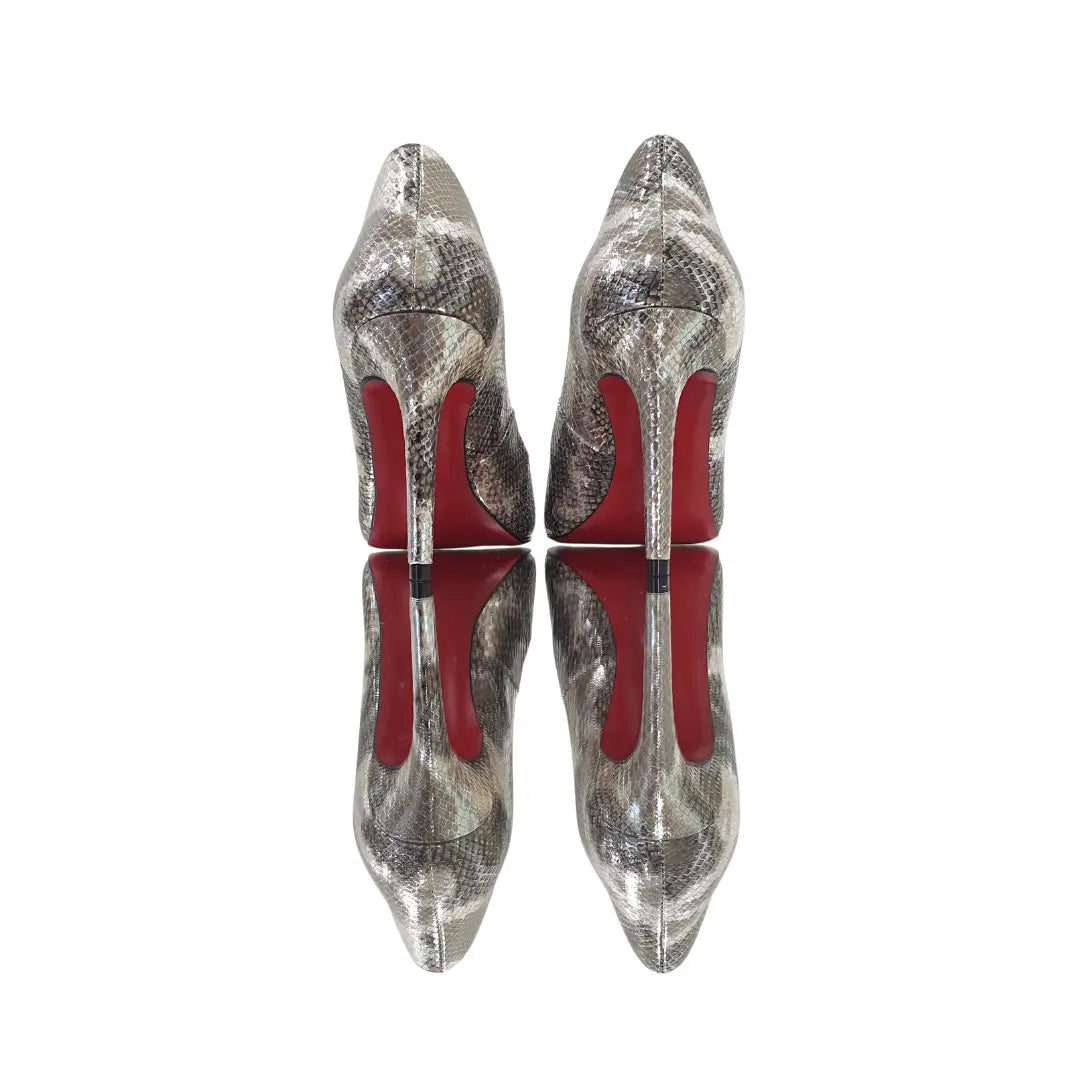 Scarpin Cobra Caramelo com Prata Salto Alto 10cm Sola Vermelha