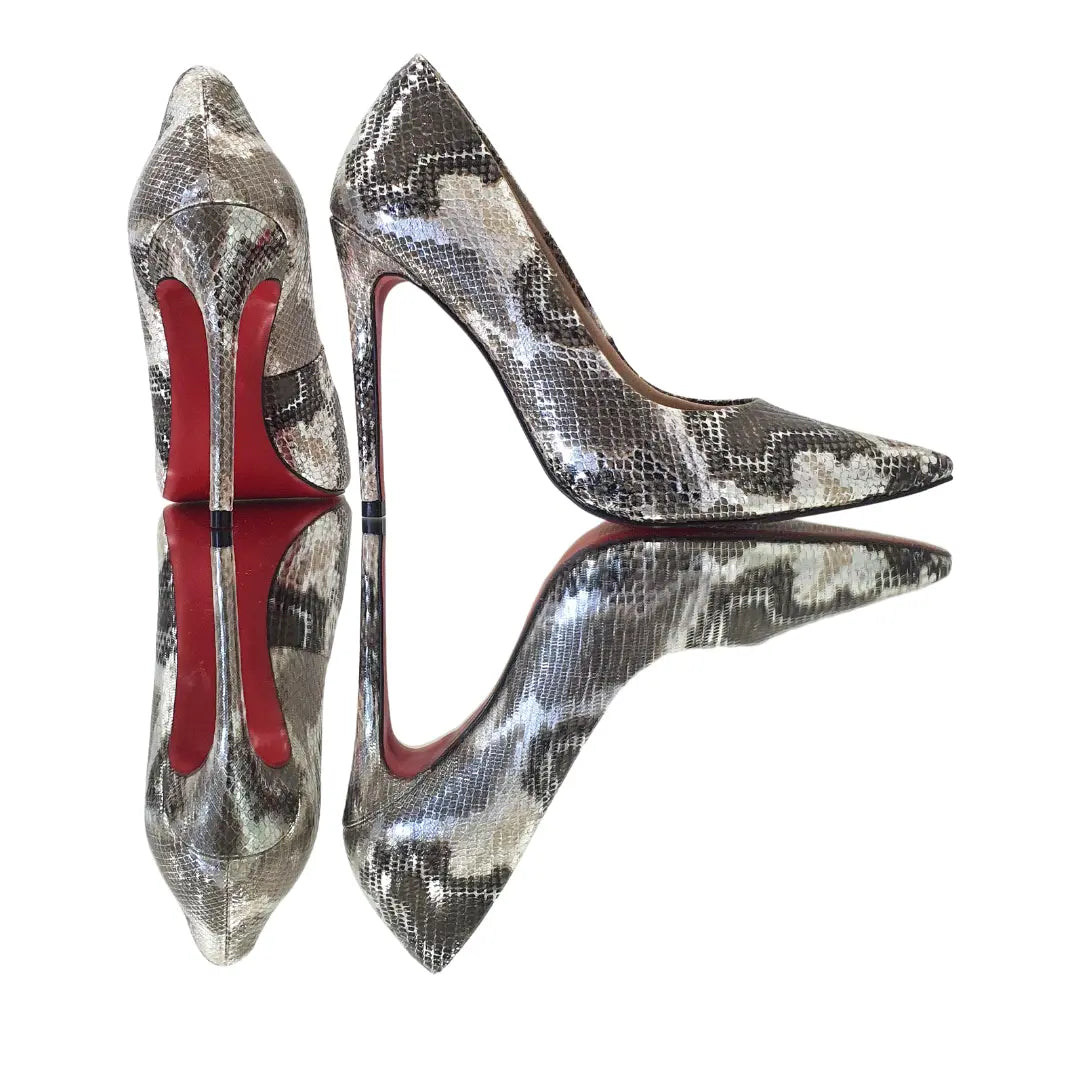 Scarpin Cobra Caramelo com Prata Salto Alto 12cm Sola Vermelha