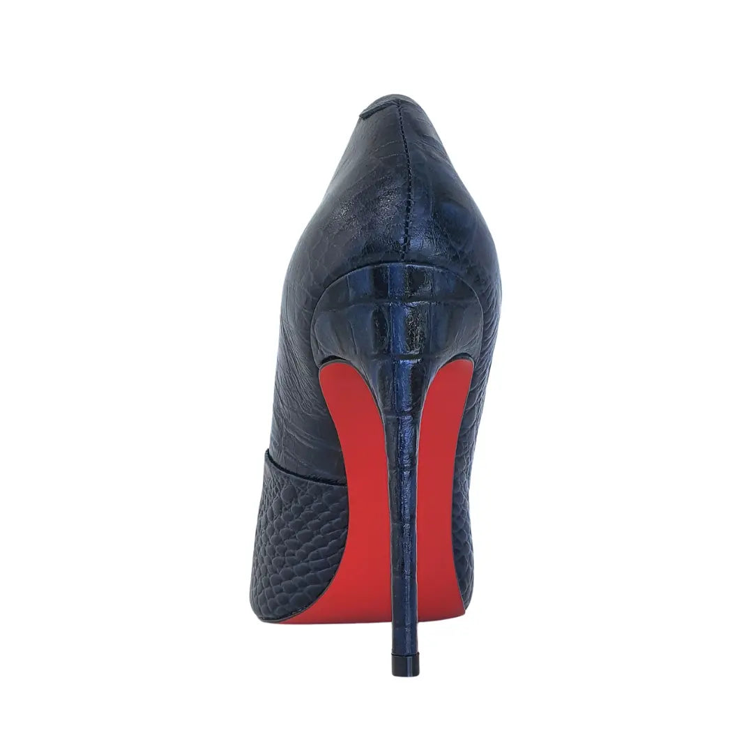 Scarpin Couro Legítimo Azul Marinho Croco Salto Alto 12cm Sola Vermelha