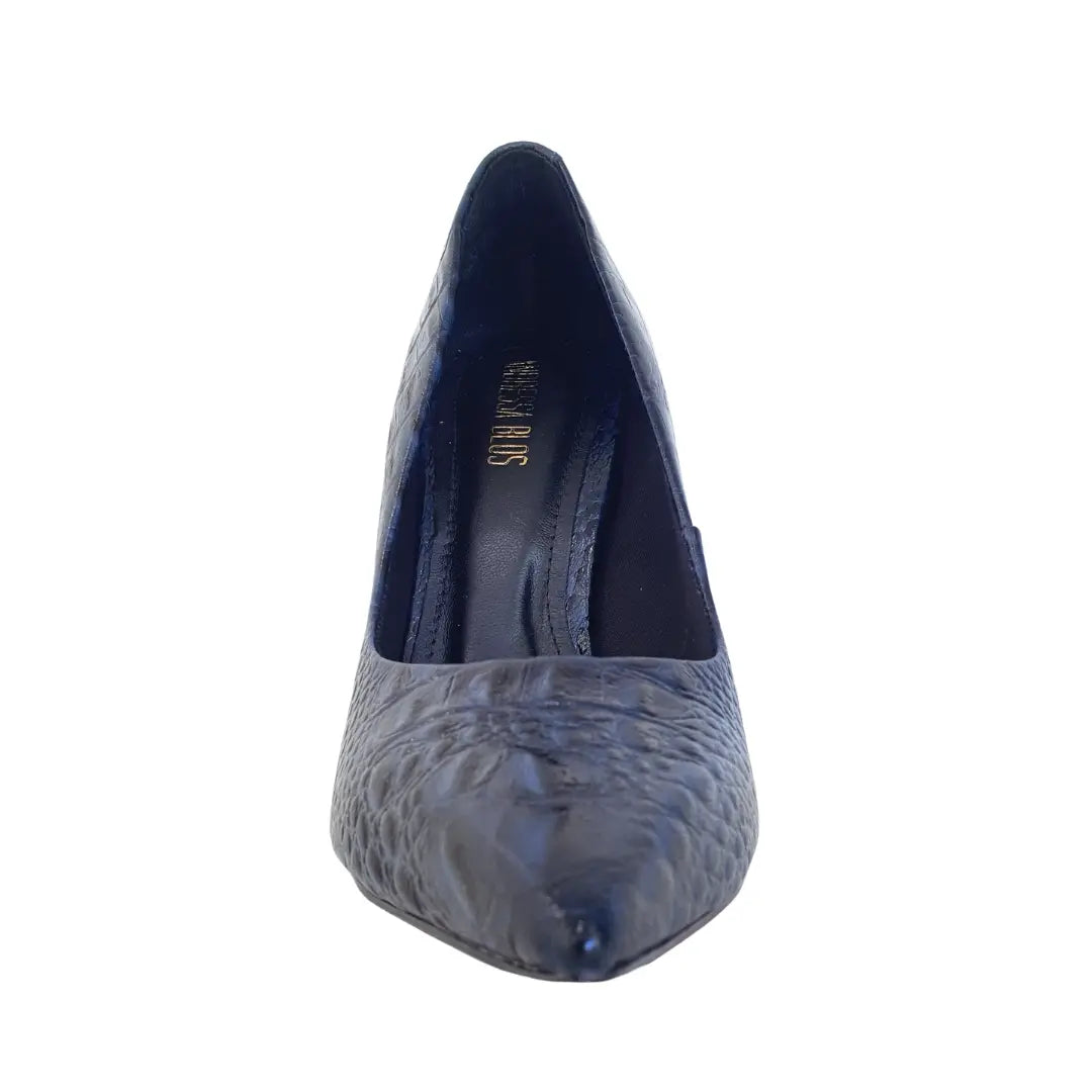 Scarpin Couro Legítimo Azul Marinho Croco Salto Alto 12cm Sola Vermelha