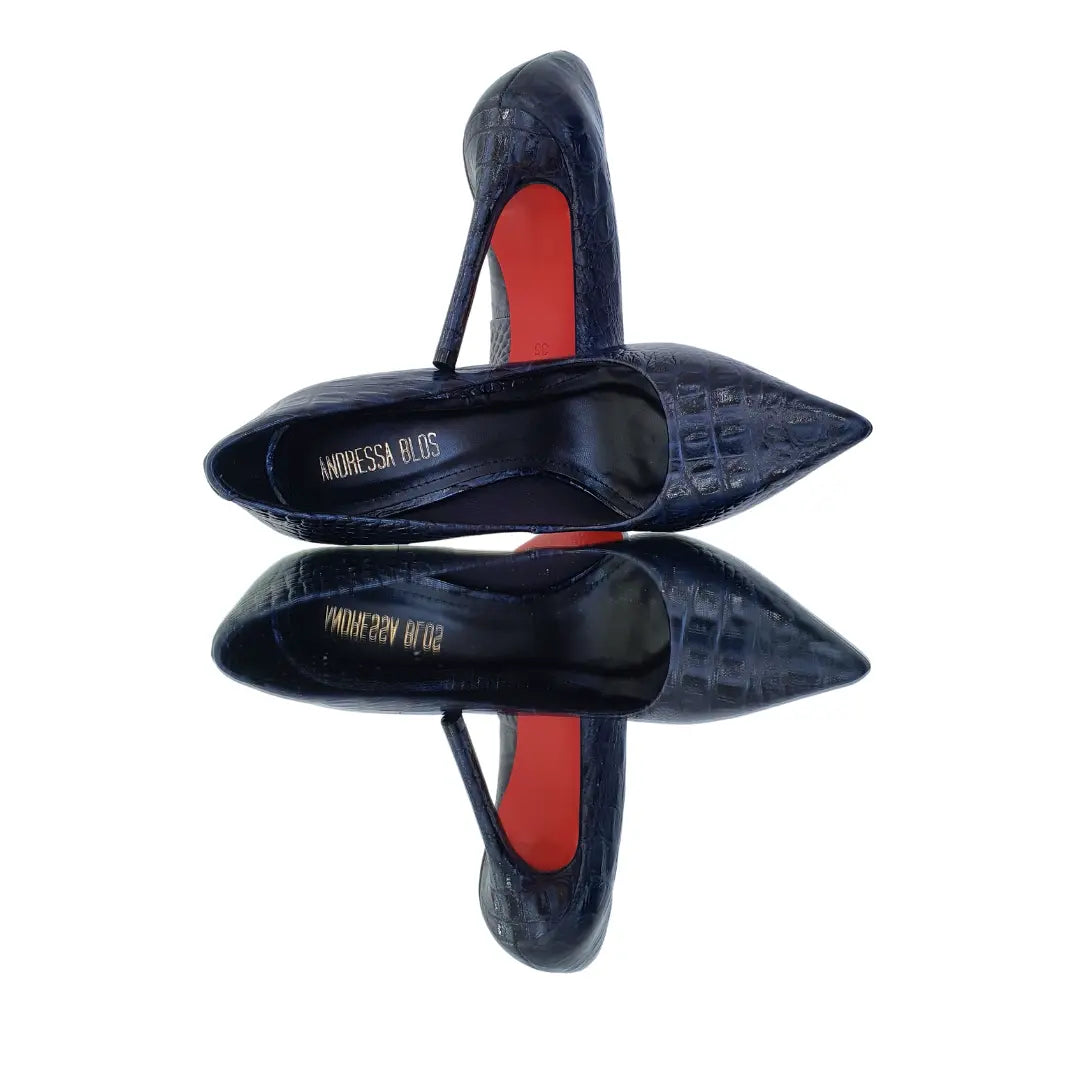 Scarpin Couro Legítimo Azul Marinho Croco Salto Alto 12cm Sola Vermelha