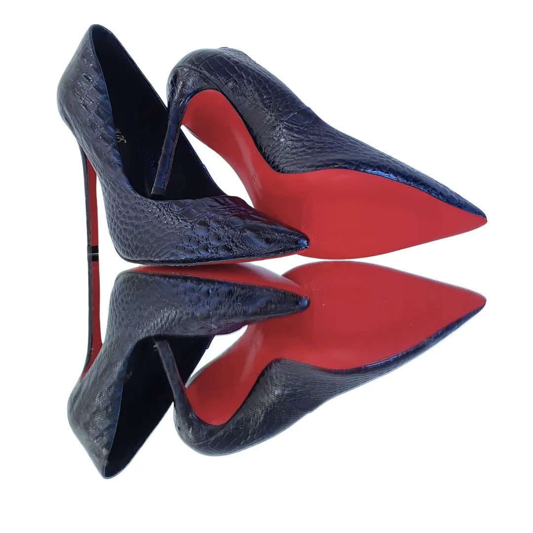 Scarpin Couro Legítimo Azul Marinho Croco Salto Alto 12cm Sola Vermelha