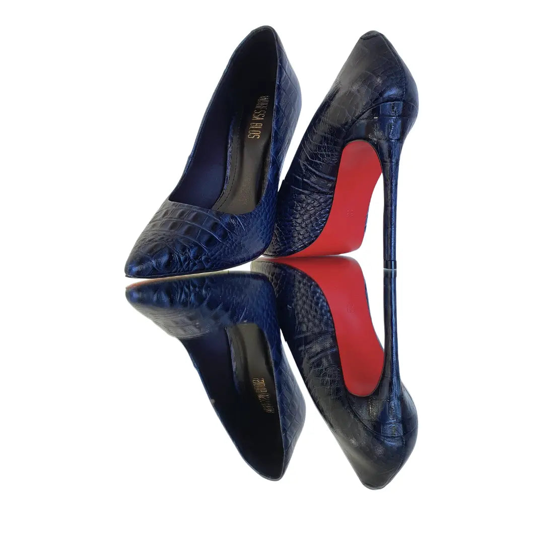 Scarpin Couro Legítimo Azul Marinho Croco Salto Alto 12cm Sola Vermelha