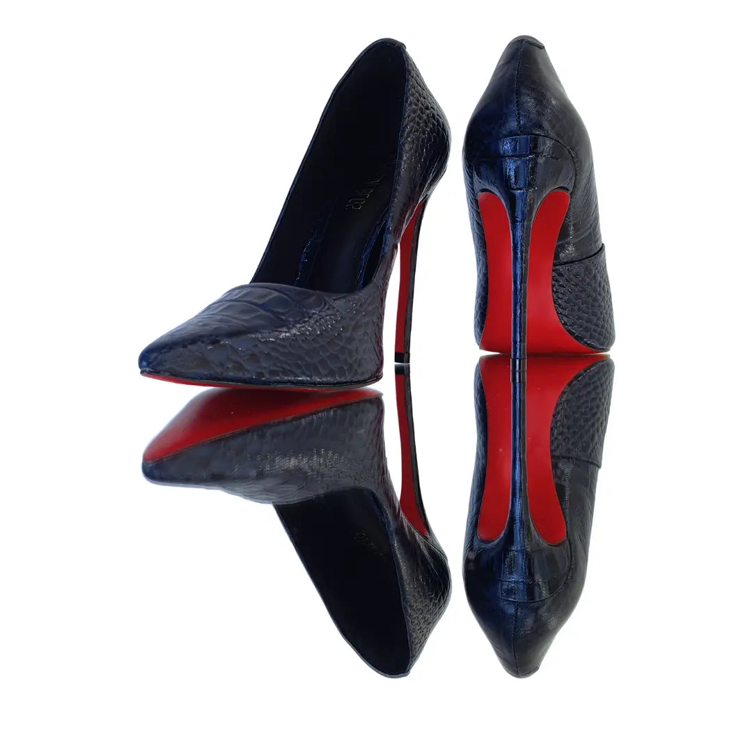 Scarpin Couro Legítimo Azul Marinho Croco Salto Alto 12cm Sola Vermelha