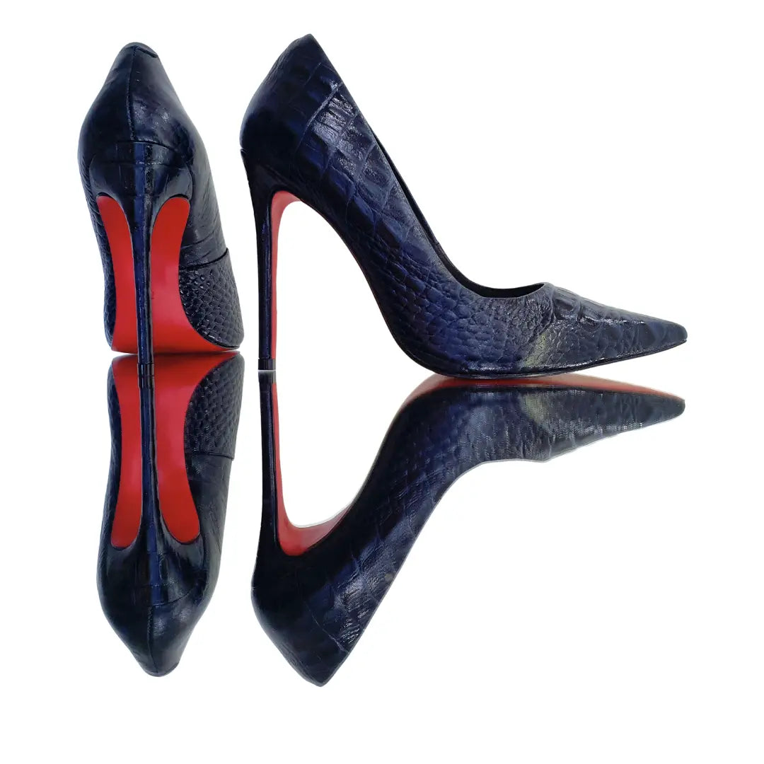 Scarpin Couro Legítimo Azul Marinho Croco Salto Alto 12cm Sola Vermelha