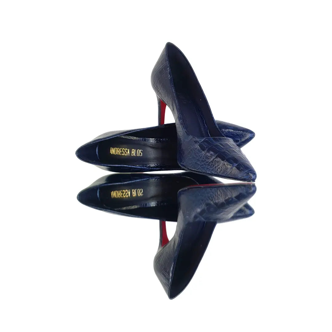 Scarpin Couro Legítimo Azul Marinho Croco Salto Alto 10cm Sola Vermelha