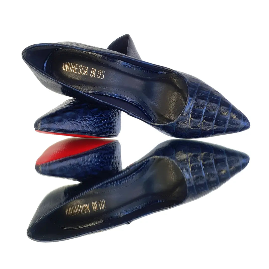 Scarpin Couro Legítimo Azul Marinho Croco Salto Alto 10cm Sola Vermelha