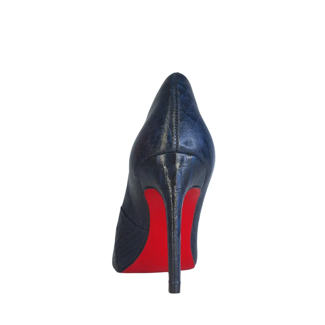 Scarpin Couro Legítimo Azul Marinho Croco Salto Alto 10cm Sola Vermelha