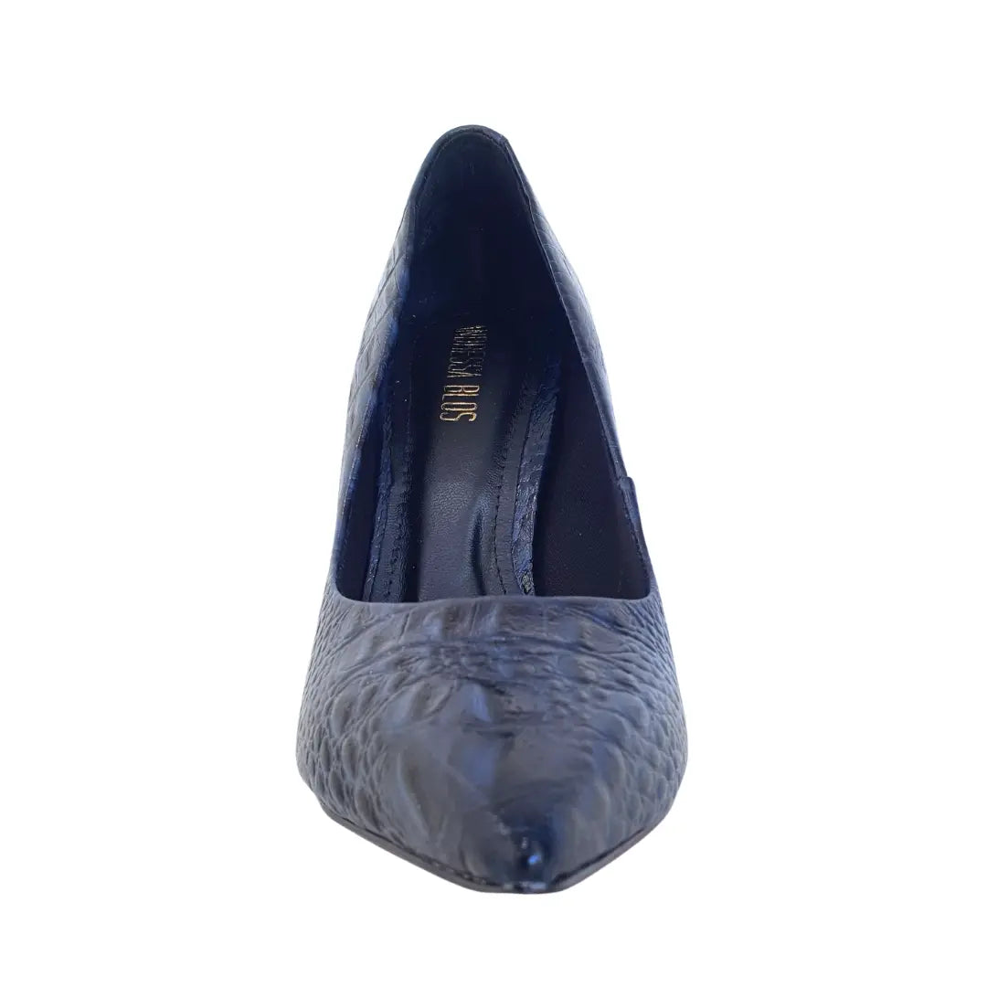 Scarpin Couro Legítimo Azul Marinho Croco Salto Alto 10cm Sola Vermelha
