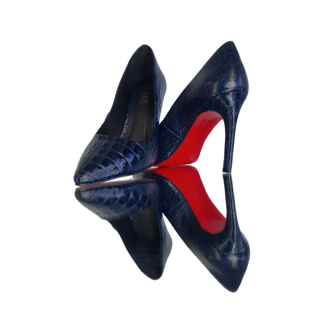 Scarpin Couro Legítimo Azul Marinho Croco Salto Alto 10cm Sola Vermelha
