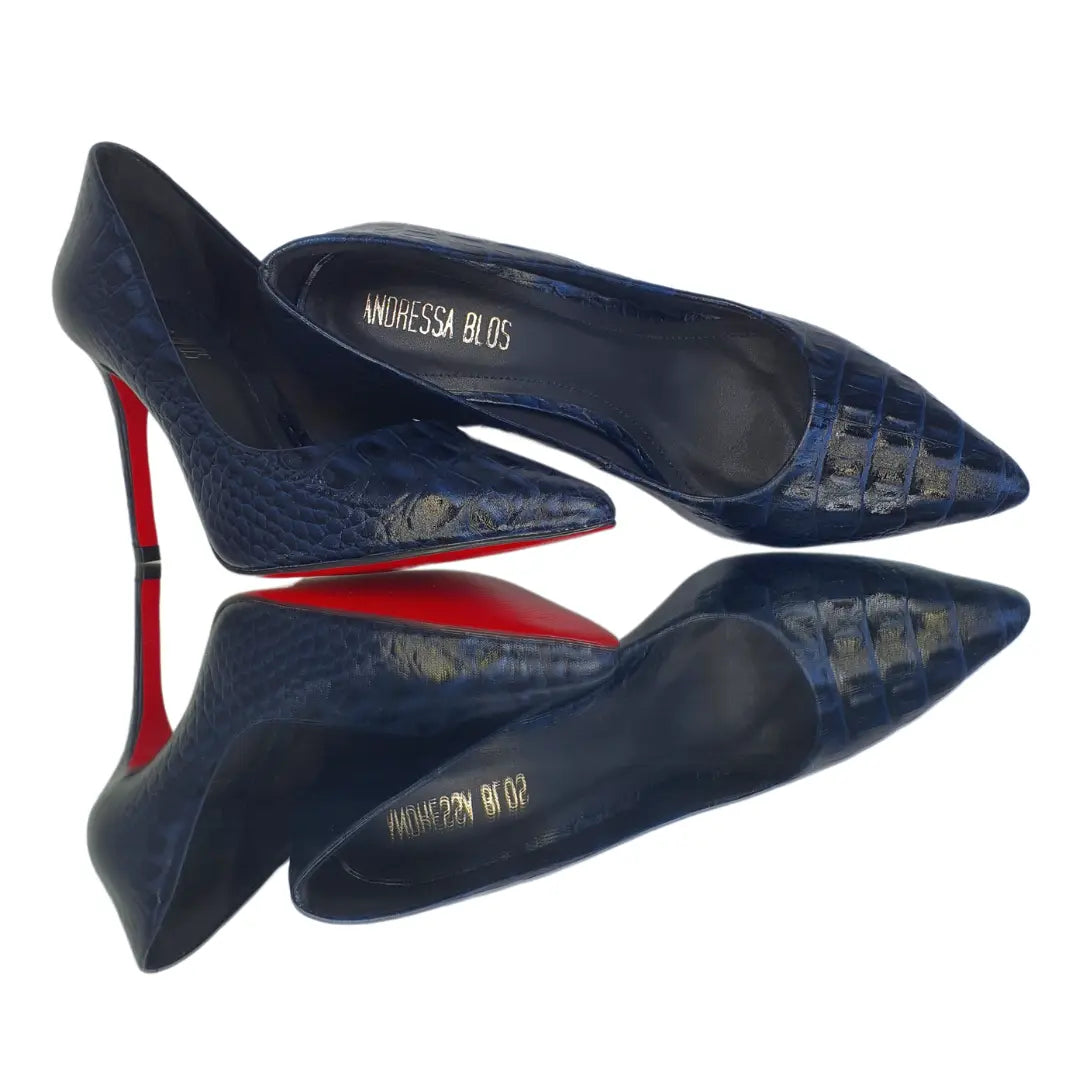 Scarpin Couro Legítimo Azul Marinho Croco Salto Alto 10cm Sola Vermelha