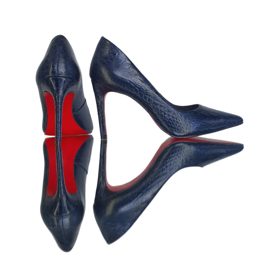 Scarpin Couro Legítimo Azul Marinho Croco Salto Alto 10cm Sola Vermelha