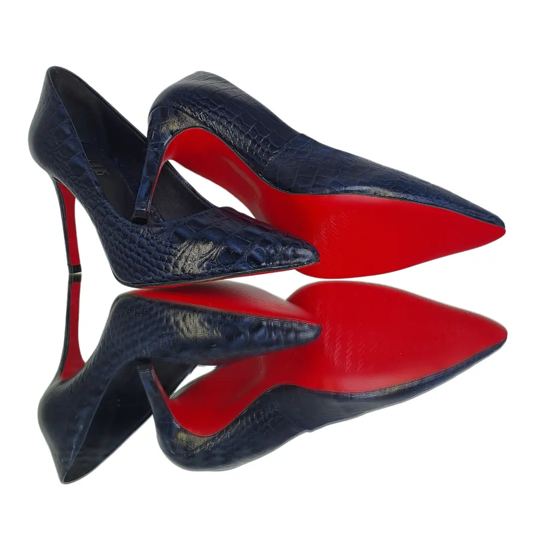 Scarpin Couro Legítimo Azul Marinho Croco Salto Alto 10cm Sola Vermelha
