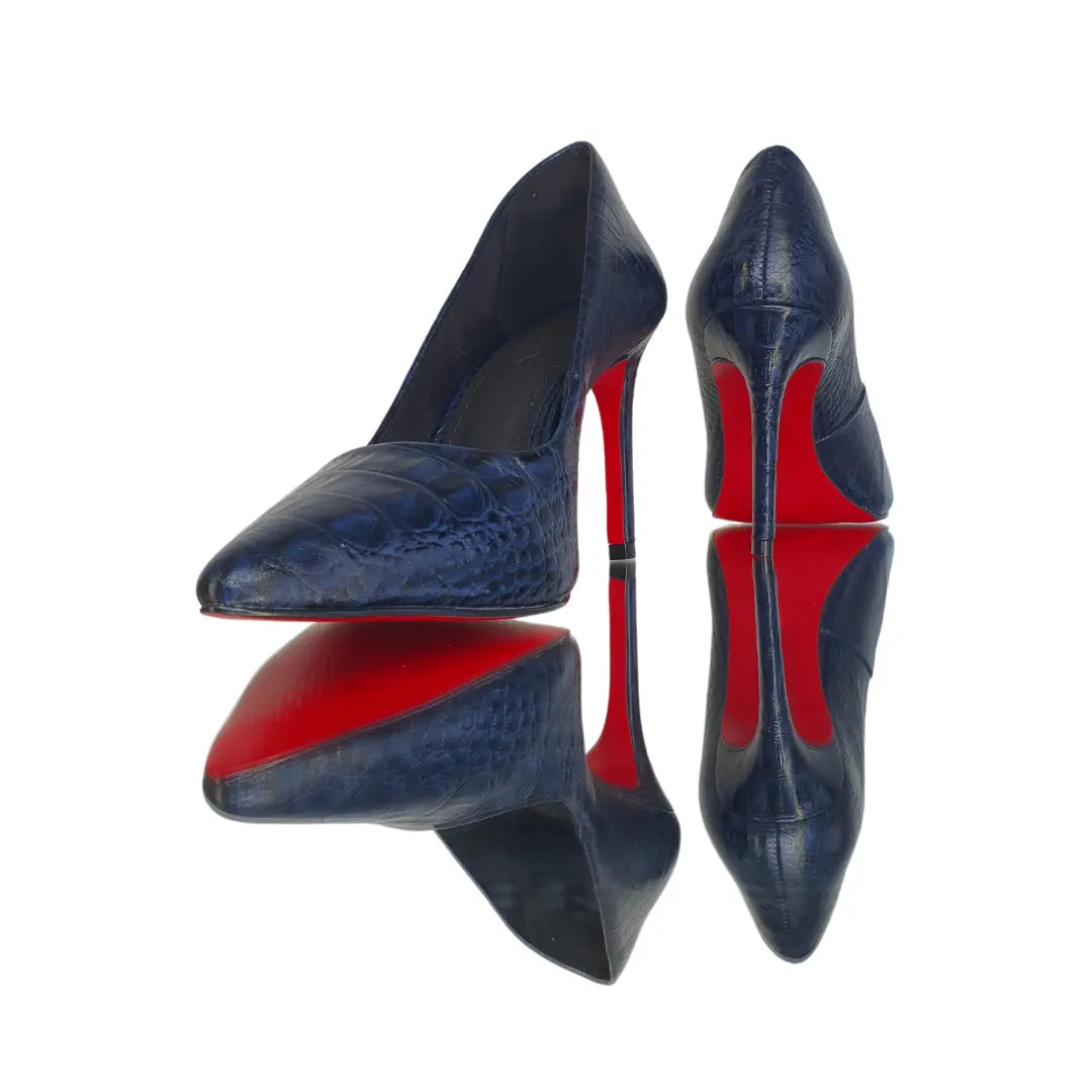 Scarpin Couro Legítimo Azul Marinho Croco Salto Alto 10cm Sola Vermelha