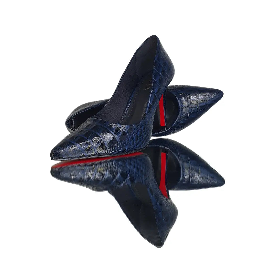 Scarpin Couro Legítimo Azul Marinho Croco Salto Alto 10cm Sola Vermelha