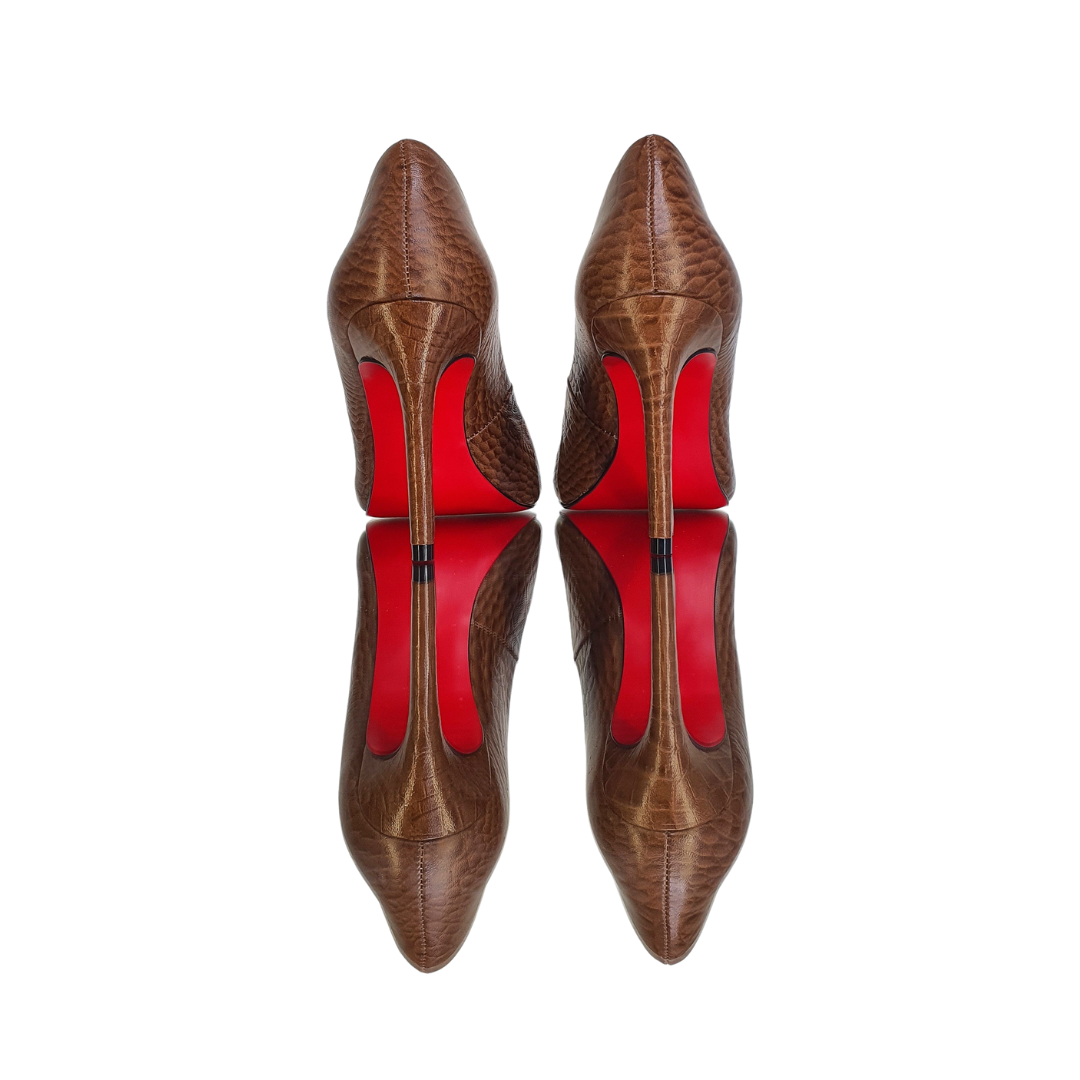 Scarpin Couro Legítimo Caramelo Croco Salto Alto 10cm Sola Vermelha