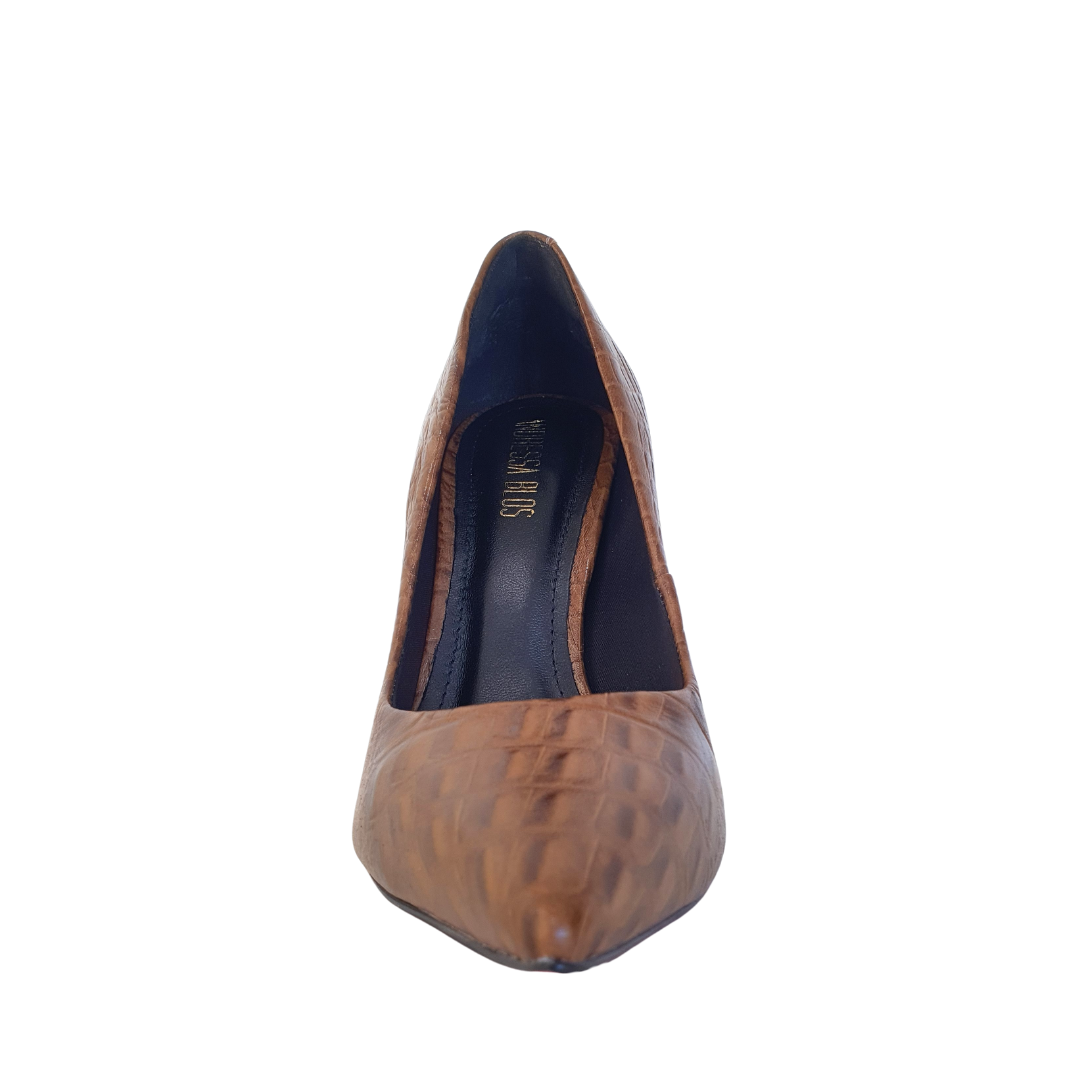 Scarpin Couro Legítimo Caramelo Croco Salto Alto 10cm Sola Vermelha