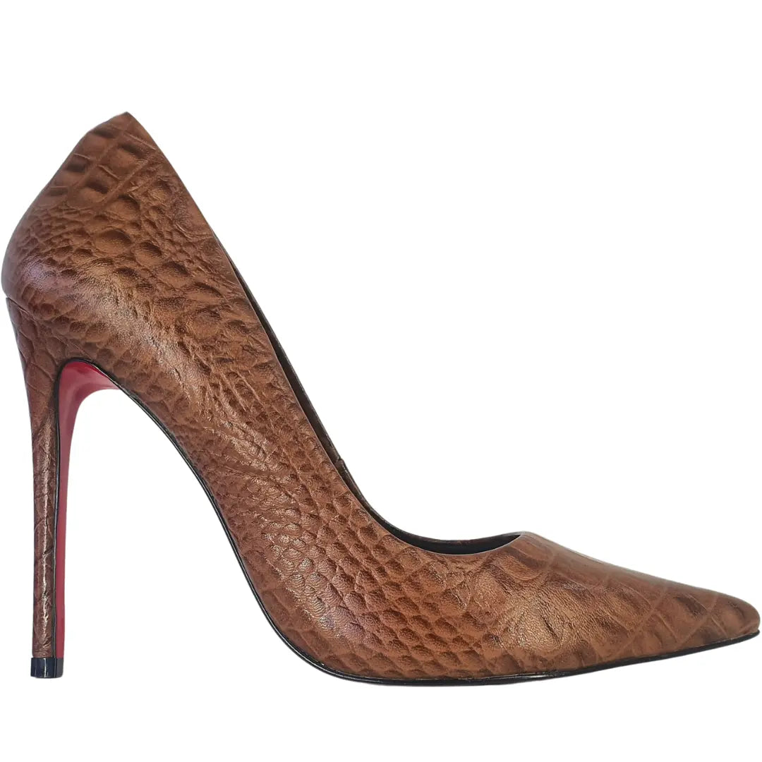 Scarpin Couro Legítimo Caramelo Croco Salto Alto 12cm Sola Vermelha