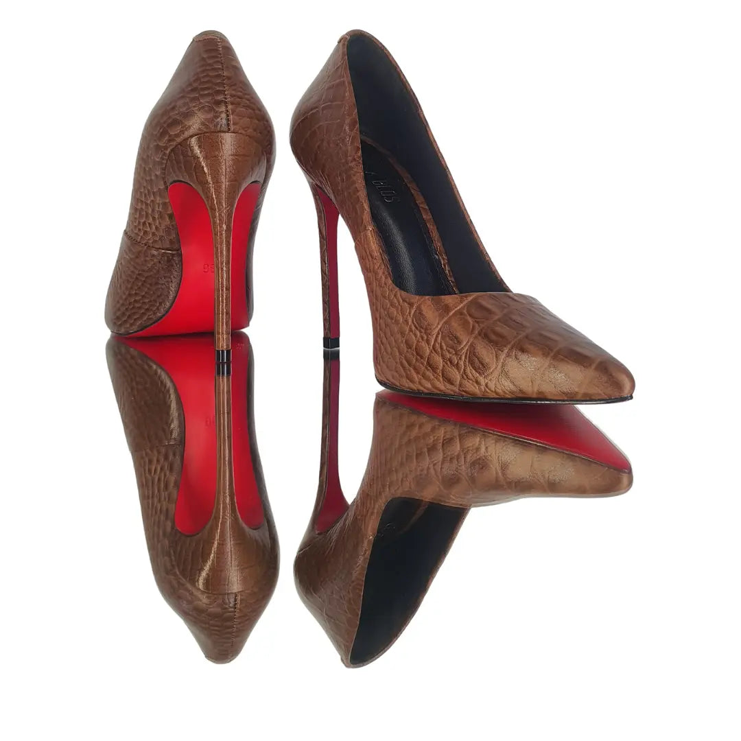 Scarpin Couro Legítimo Caramelo Croco Salto Alto 12cm Sola Vermelha