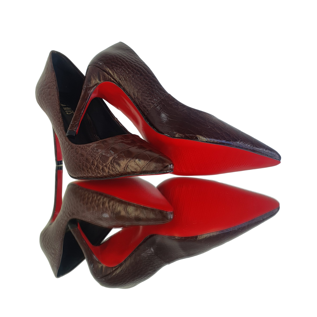 Scarpin Couro Legítimo Croco Marrom Escuro Salto Alto 10cm Sola Vermelha