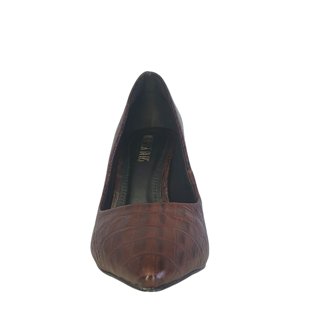 Scarpin Couro Legítimo Croco Marrom Escuro Salto Alto 10cm Sola Vermelha