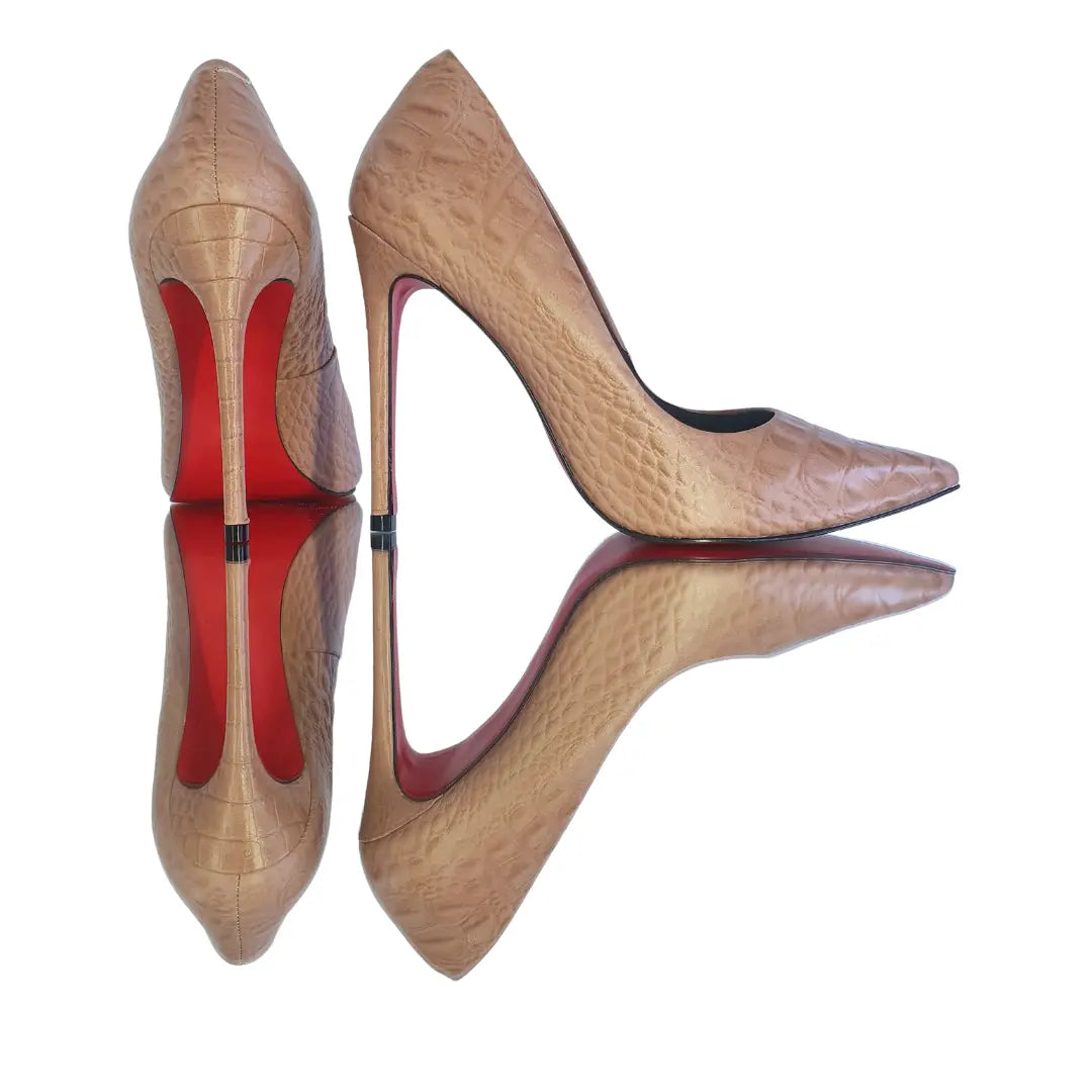 Scarpin Couro Legítimo Croco Nude Salto Alto 12cm Sola Vermelha