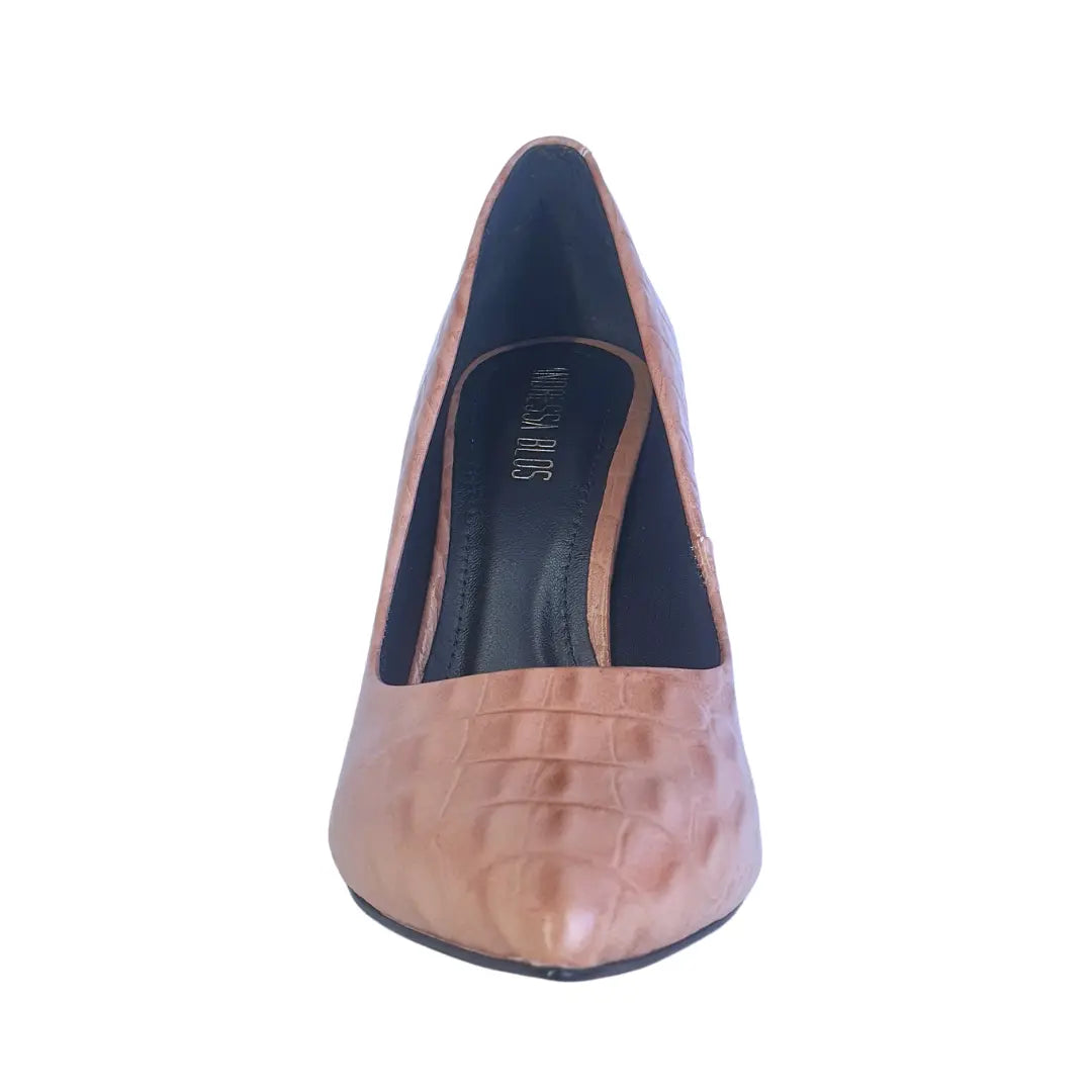 Scarpin Couro Legítimo Croco Nude Salto Alto 12cm Sola Vermelha