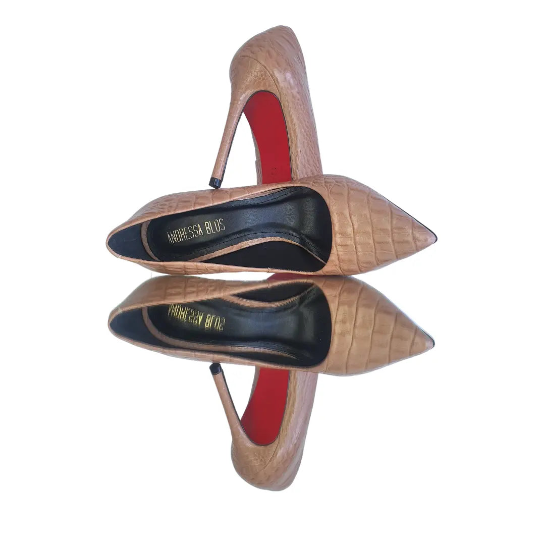 Scarpin Couro Legítimo Croco Nude Salto Alto 12cm Sola Vermelha