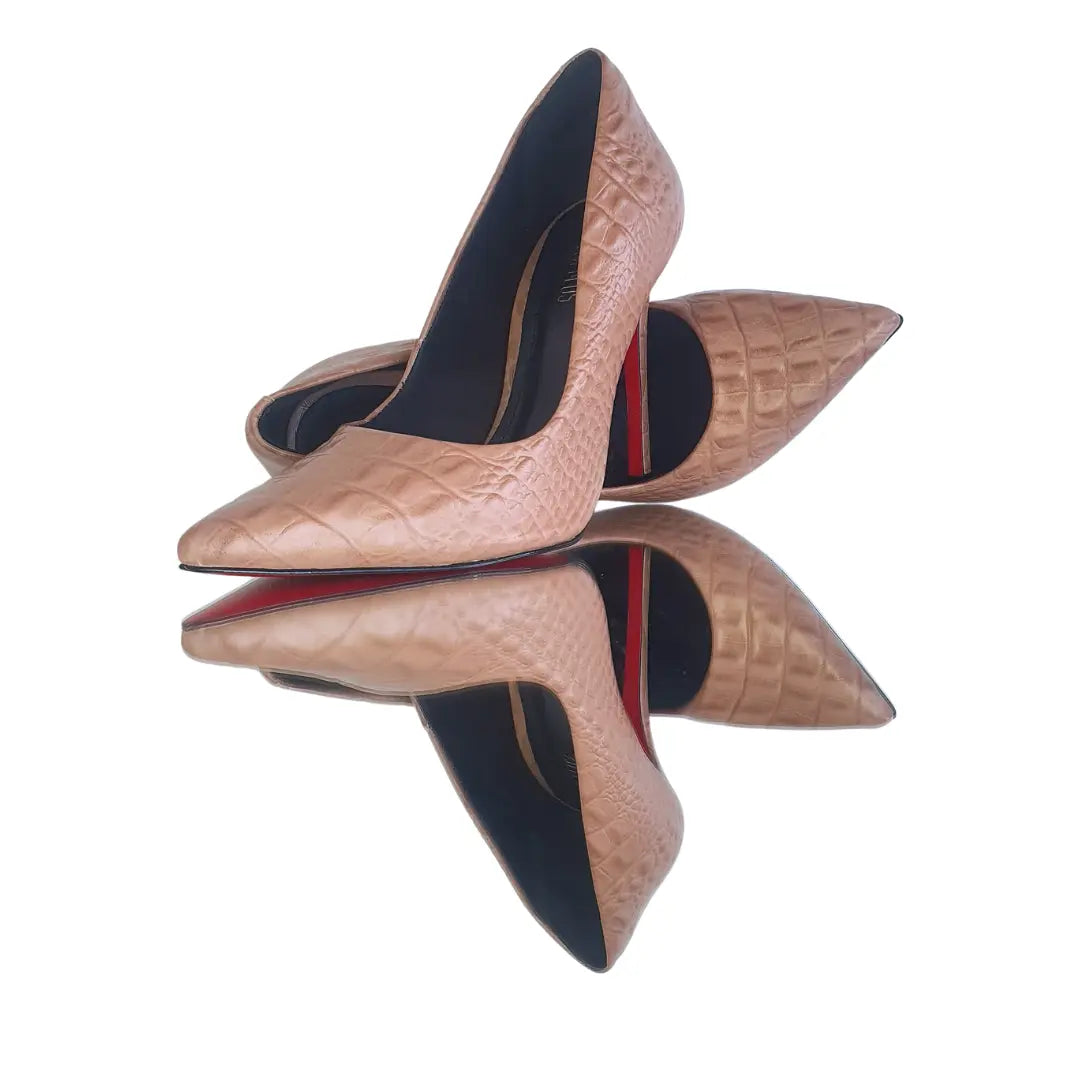Scarpin Couro Legítimo Croco Nude Salto Alto 12cm Sola Vermelha