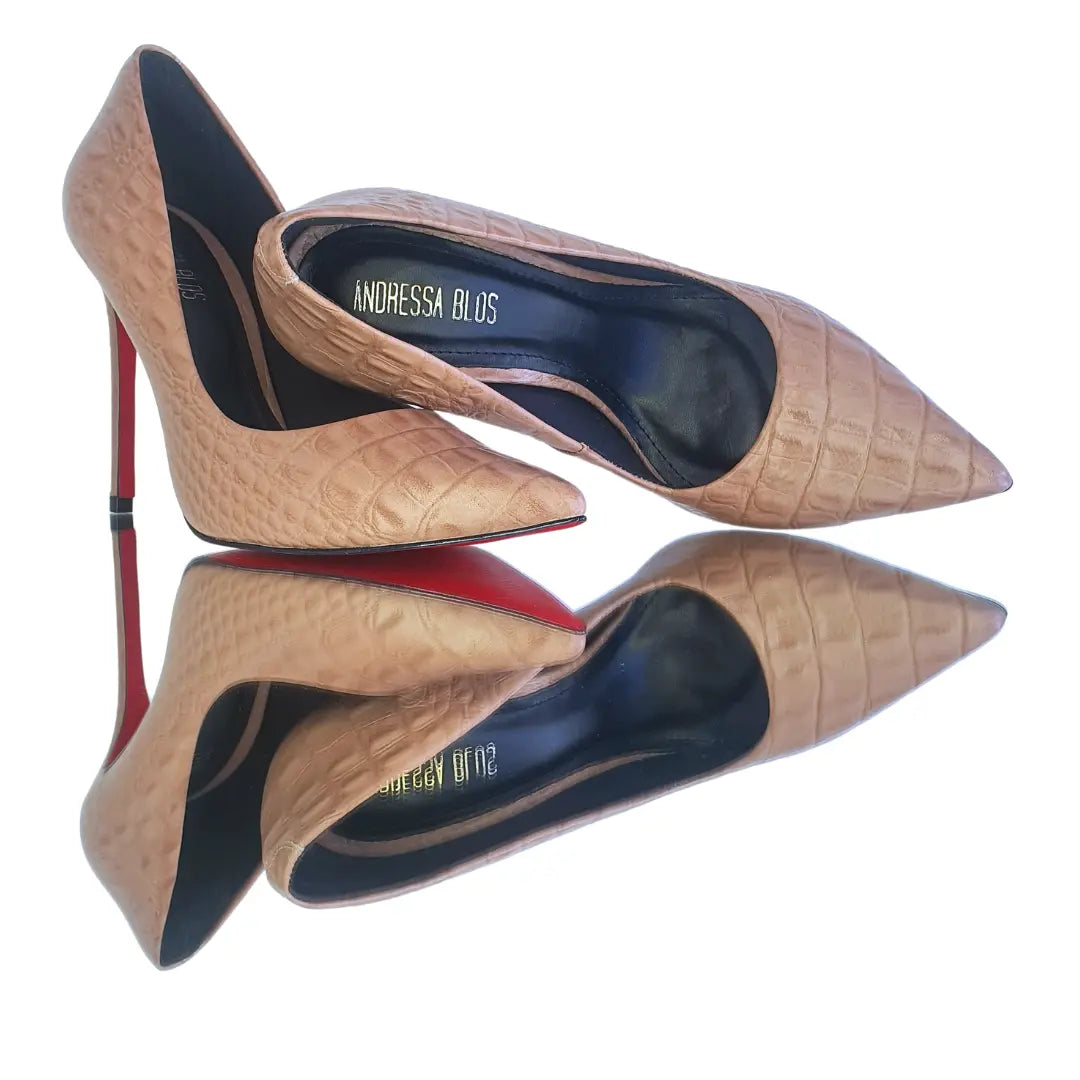 Scarpin Couro Legítimo Croco Nude Salto Alto 12cm Sola Vermelha