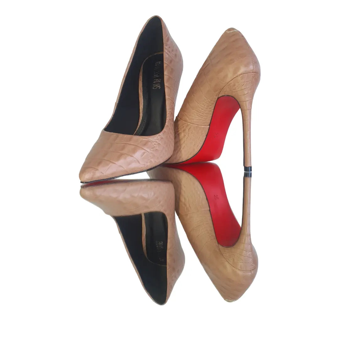 Scarpin Couro Legítimo Croco Nude Salto Alto 12cm Sola Vermelha