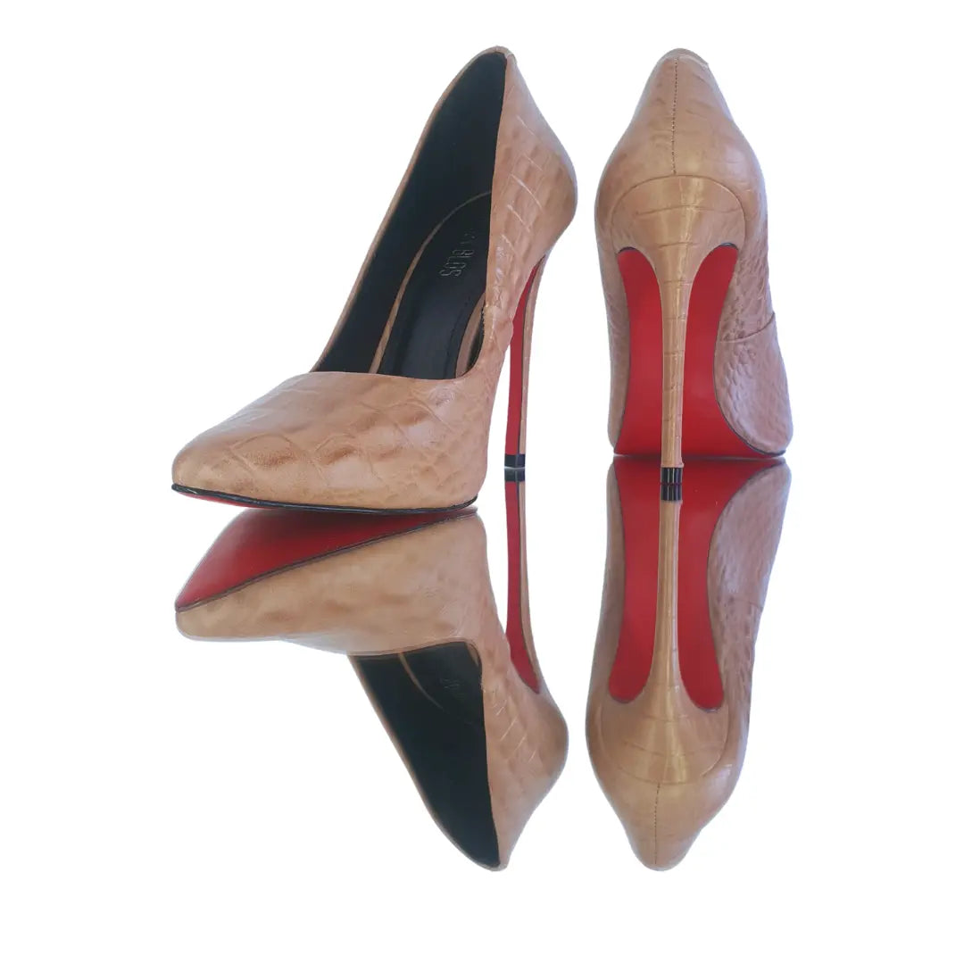 Scarpin Couro Legítimo Croco Nude Salto Alto 12cm Sola Vermelha