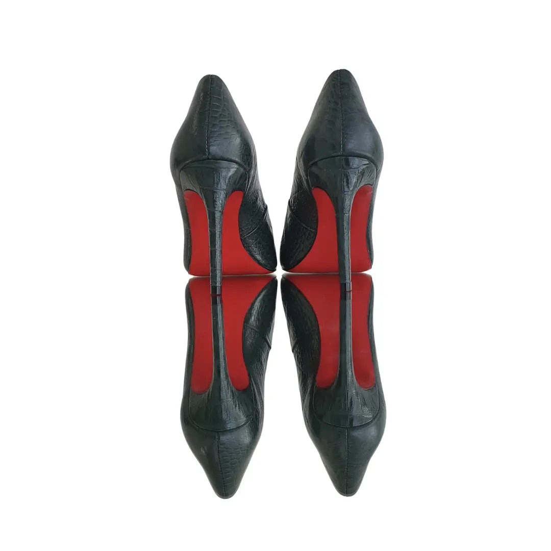 Scarpin Couro Legítimo Verde Croco Salto Alto 10cm Sola Vermelha