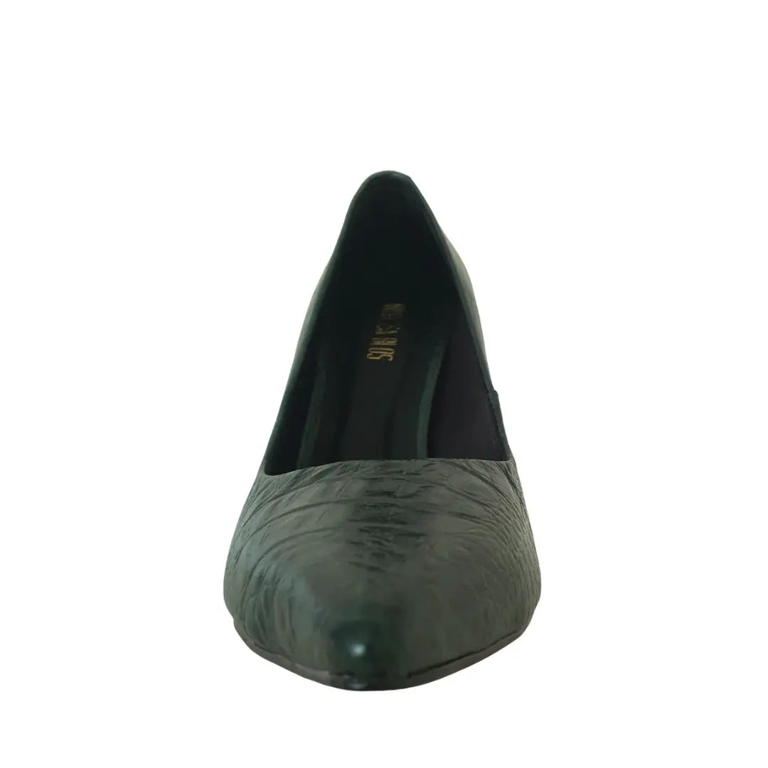 Scarpin Couro Legítimo Verde Croco Salto Alto 10cm Sola Vermelha
