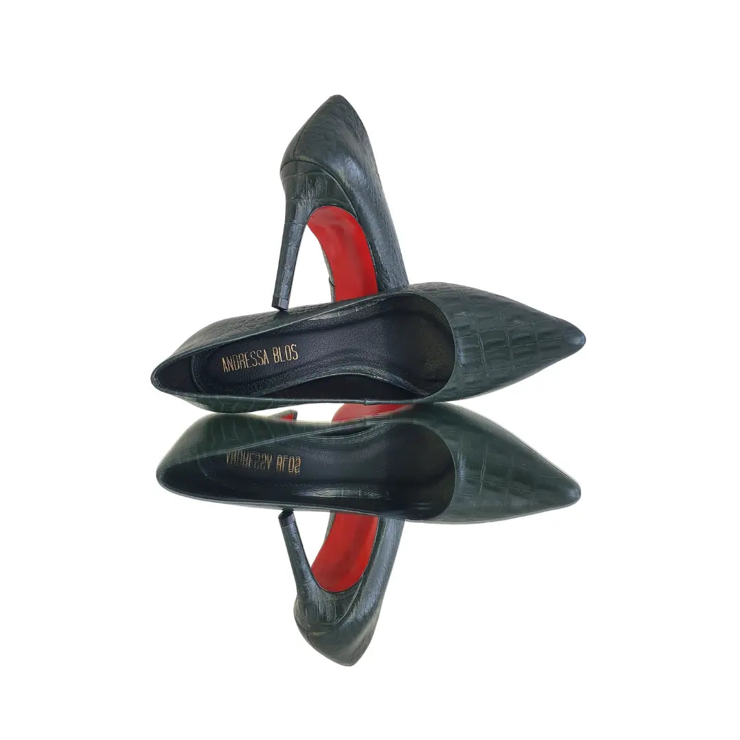 Scarpin Couro Legítimo Verde Croco Salto Alto 10cm Sola Vermelha