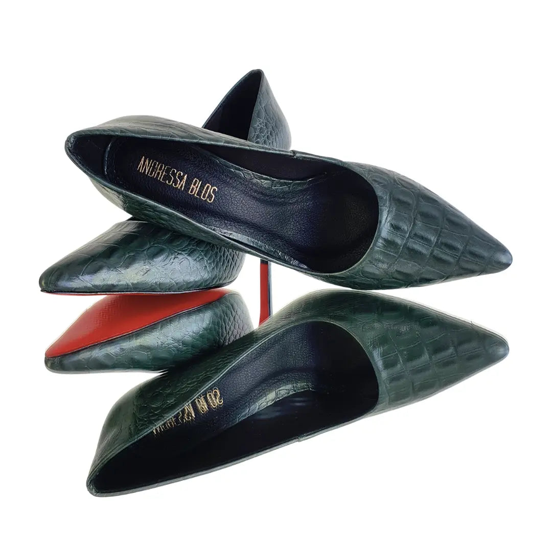 Scarpin Couro Legítimo Verde Croco Salto Alto 10cm Sola Vermelha